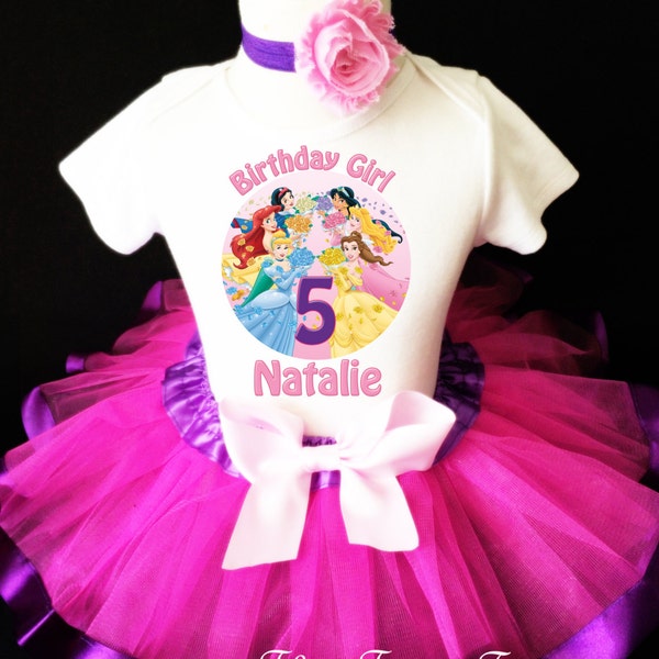 Princess Cinderella Sleeping Beauty Snow White Belle Jasmine 5th Girl Birthday Tutu Outfit Personalized Name Age Party Shirt Set