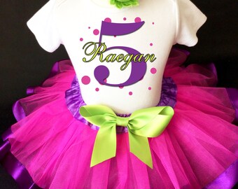 Purple Hot Pink Green Black Polka dots dotted Monogram Girl Birthday Tutu Outfit Custom Personalized Name Age Party Shirt Set