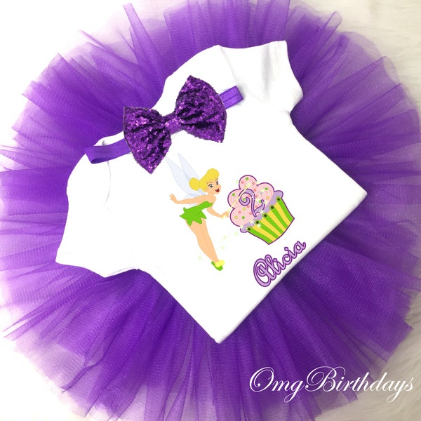 Tinkerbell Purple Green Cupcake 2nd Second  Birthday Custom Age Name Baby Girl Birthday Tutu Outfit Sequins Headband Shirt Tee