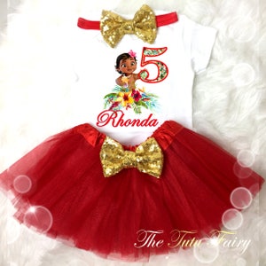 Baby Moana Princess Red Gold 5th Fifth Birthday Custom Age Name Baby Girl Birthday Tutu Outfit Sequins Headband Shirt Tee Party Dress Up