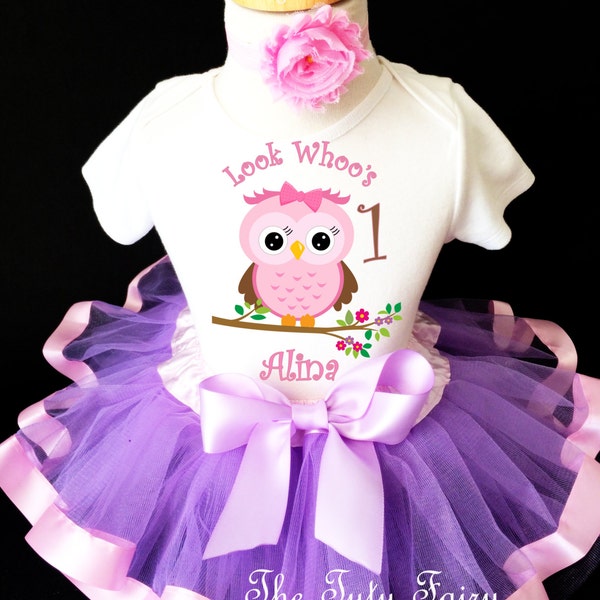 Owl Look WhOO's Whos Who's Light Pink Purple Lavender 1st First Girl Birthday Tutu Outfit Custom Personalized Name Age Party Shirt Set