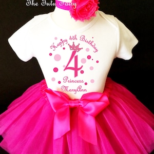 Princess Crown Light & Hot Pink 4th Girl Birthday Tutu Outfit Custom Personalized Name Age Party Shirt Set