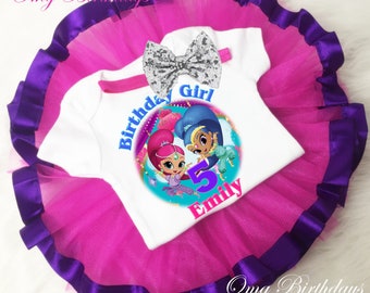 Shimmer and Shine Purple Pink 5th Fifth Birthday Custom Age Name Baby Girl Birthday Tutu Outfit Silver Sequins Headband Shirt Personalized