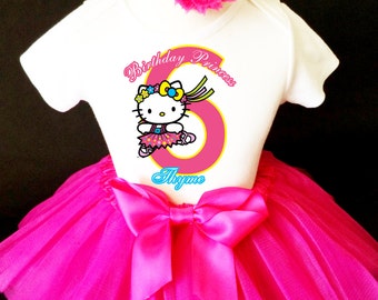 Pretty Kitty Rainbow Ballerina Pink HK 6th Sixth Girl Birthday Tutu Outfit Personalized Custom Name Age Party Shirt Set