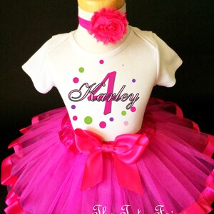 Green Purple Hot Pink Polka Dots Dotted Monogram 4th Girl Birthday Tutu Outfit Custom Personalized Name Age Party Shirt Set