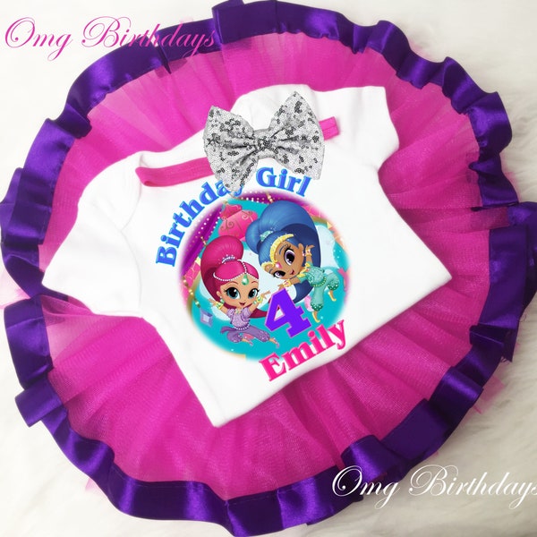 Shimmer and Shine Purple Pink 4th Fourth Birthday Custom Age Name Baby Girl Birthday Tutu Outfit Silver Sequins Headband Shirt Personalized
