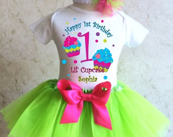 Pink Green Little Cupcake Birthday Girl Party Tutu Outfit Dress Set Personalized Custom Name Age Shirt 1st 2nd 3rd 4th 5th 6th 7th