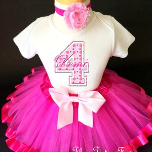 Pink Polka Dots Dotted Monogram 4th Girl Birthday Tutu Outfit Custom Personalized Name Age Party Shirt Set
