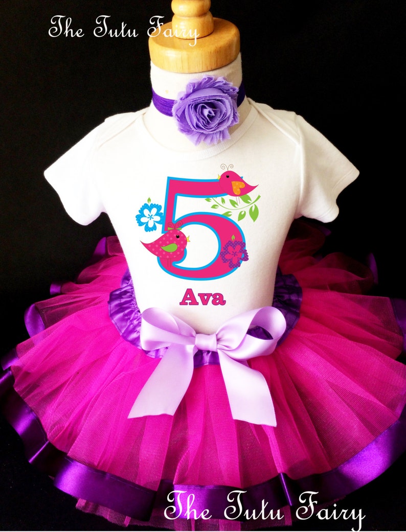 Bird Birds Purple Pink Flowers Number 5 5th Fifth Girl Birthday Tutu Outfit Custom Personalized Name Age Party Shirt Set