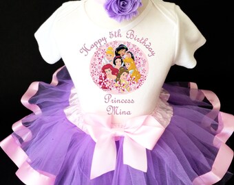 Pink Lavender Princess Flowers Ariel Cinderella Belle 5th Fifth Girl Birthday Tutu Outfit Custom Personalized Name Age Party Shirt Set