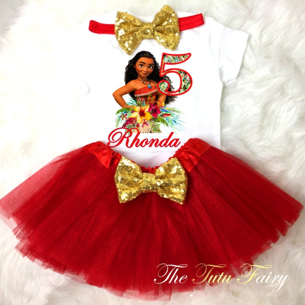 Moana Hawaiian Princess Red Gold 5th Fifth Birthday Custom Age Name Baby Girl Birthday Tutu Outfit Sequins Headband Shirt Tee Party Dress Up