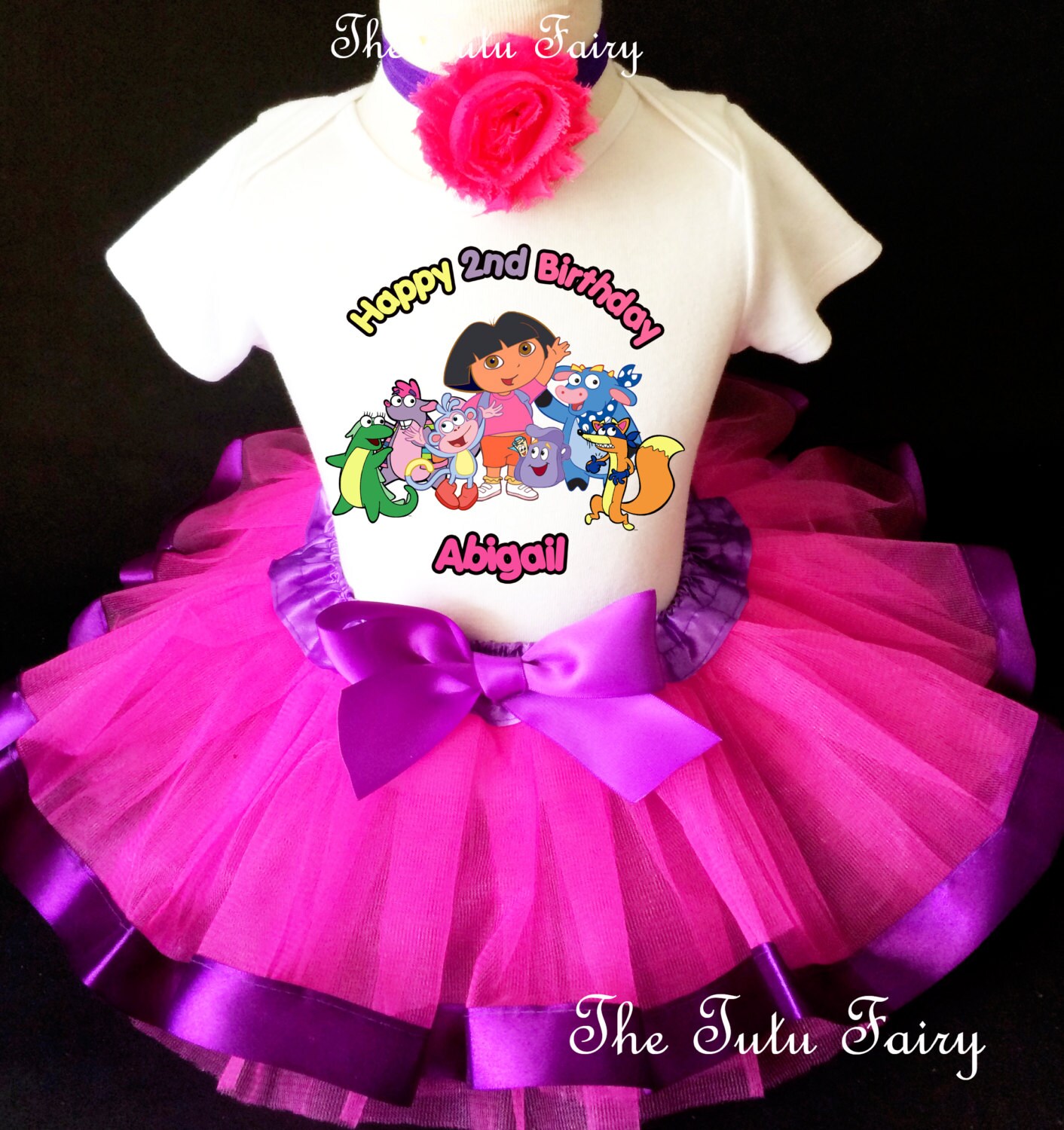 -With NAME- 3rd Birthday Dress shirt 2pc Purple Tutu outfit Dora the Explorer 