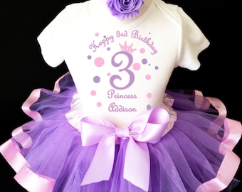 Princess crown light pink purple lavender polka dots 3rd Third Girl Birthday Tutu Outfit Custom Personalized Name Age Party Shirt Set