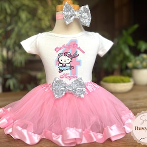 Pretty Kitty Pink Blue 4th Birthday Tutu Outfit Fourth Personalized with Name Birthday Shirt Tee Headband Dress Set