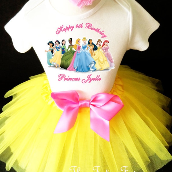 Princess Yellow Cinderella Tiana 1st 2nd 3rd 4th 5th 6th 7th Birthday Personalized Custom Name Age Shirt Headband Tutu Set Girl Outfit