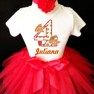 Pizza Party Red 4th Number 4 Girl Birthday Tutu Outfit Custom Personalized Name Age Party Shirt Set
