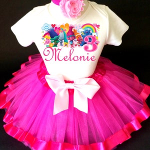 Trolls Poppy Pink Rainbow hot pink 3rd Third Girl Birthday Tutu Outfit Custom Personalized Name Age Party Shirt Set