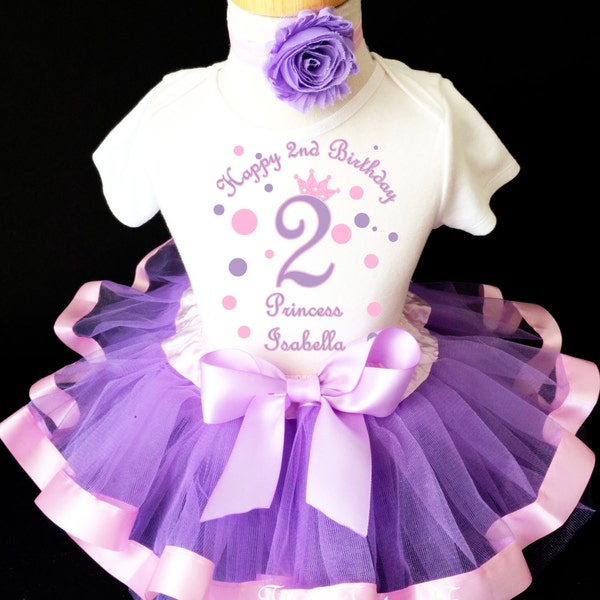 Princess crown light pink purple lavender polka dots 2nd Second Girl Birthday Tutu Outfit Custom Personalized Name Age Party Shirt Set