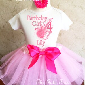 Rock N Roll Guitar Star Light Pink Butterfly 4th Girl Birthday Tutu Outfit Custom Personalized Name Age Party Shirt Set