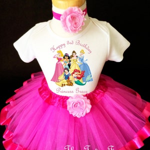 Rainbow Princess Aurora Cinderella Snow White Ariel Jasmine 3rd Third Girl Birthday Tutu Outfit Custom Personalized Name Age Party Shirt Set