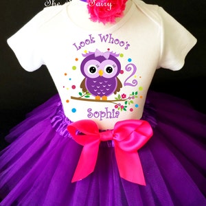 Owl Look WhOO's Whos Who's Hot Pink Purple Rainbow Dots 2nd Second Girl Birthday Tutu Outfit Custom Personalized Name Age Party Shirt Set