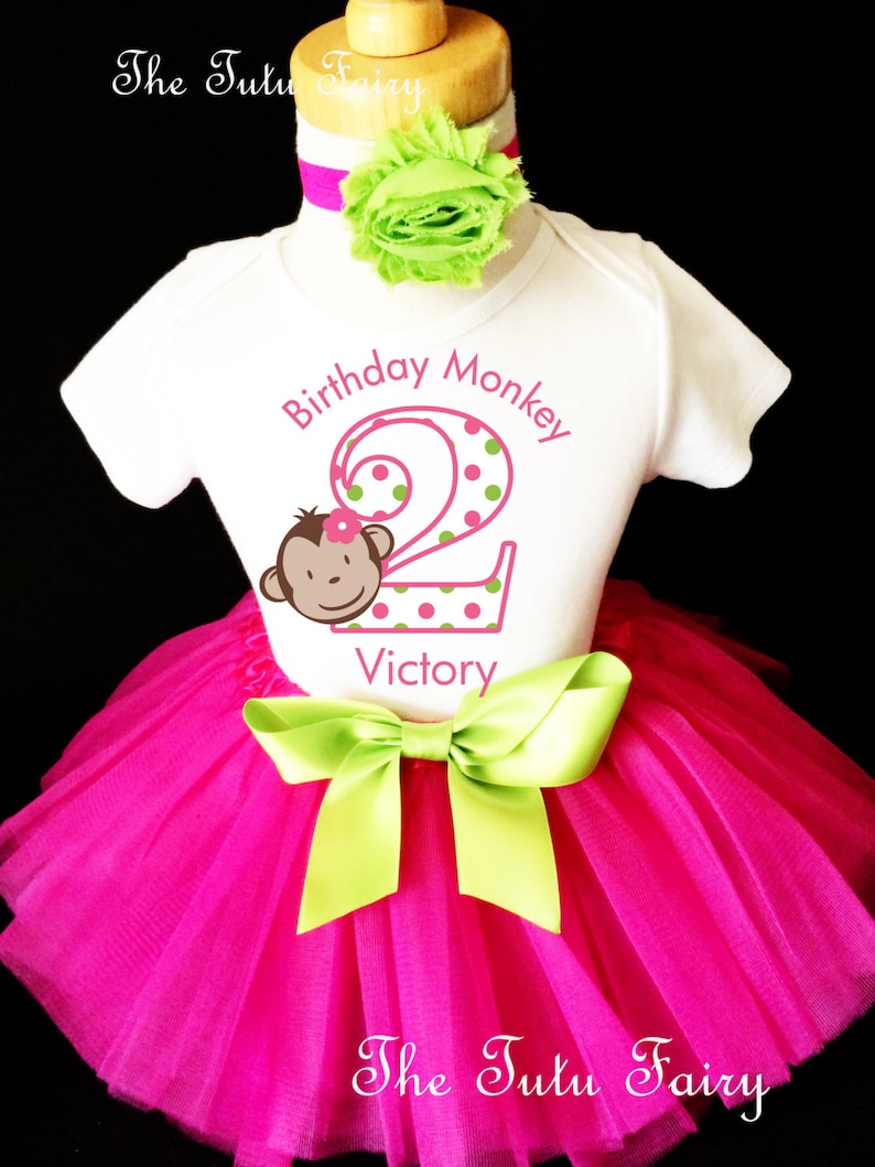 Monkey Mod Hot Pink Green Polka dots dotted 2nd Second Girl Birthday Tutu Outfit Custom Personalized Name Age Party Shirt Set