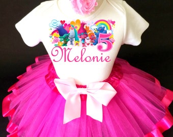 Trolls Poppy Pink Rainbow NumberFive  5th Fifth Girl Birthday Tutu Outfit Custom Personalized Name Age Party Shirt Set
