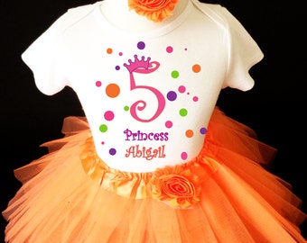 Princess crown Orange Pink purple green 5th Fifth Girl Birthday Tutu Outfit Custom Personalized Name Age Party Shirt Set