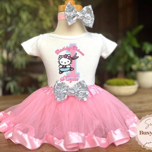 Pretty Kitty Pink Blue First Birthday Tutu Outfit 1st Personalized with Name Birthday Shirt Tee Headband Dress Set