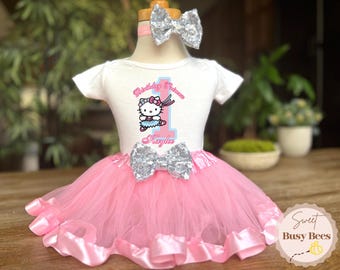 Pretty Kitty Pink Blue First Birthday Tutu Outfit 1st Personalized with Name Birthday Shirt Tee Headband Dress Set