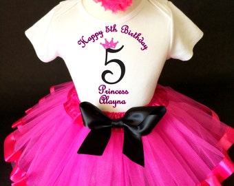 Princess Crown Black Hot Pink 5th Fifth Girl Birthday Tutu Outfit Custom Personalized Name Age Party Shirt Set