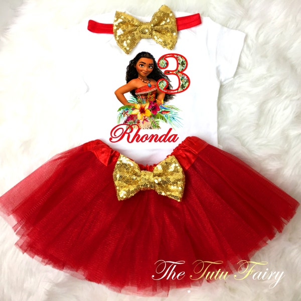 Moana Hawaiian Princess Red Gold 3rd Third  Birthday Custom Age Name Baby Girl Birthday Tutu Outfit Sequins Headband Shirt Tee
