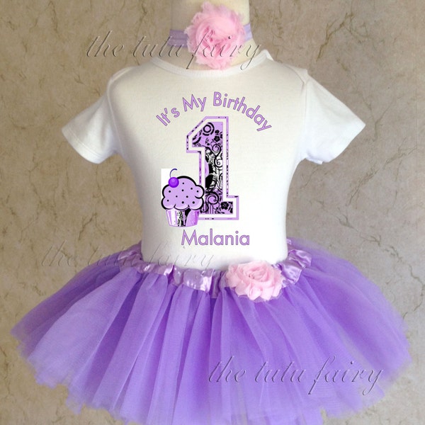Custom Name Age Light Purple Swirls Cupcake Birthday Girl Personalized Shirt & Tutu Set outfit Party Dress first 1st age 1 6 9 12 18 month