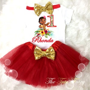 Baby Moana Princess Red Gold 1st first Birthday Custom Age Name Baby Girl Birthday Tutu Outfit Sequins Headband Shirt Tee