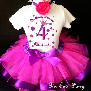 Princess Crown Polka dotted dots Purple Hot Pink 4th Girl Birthday Tutu Outfit Custom Personalized Name Age Party Shirt Set