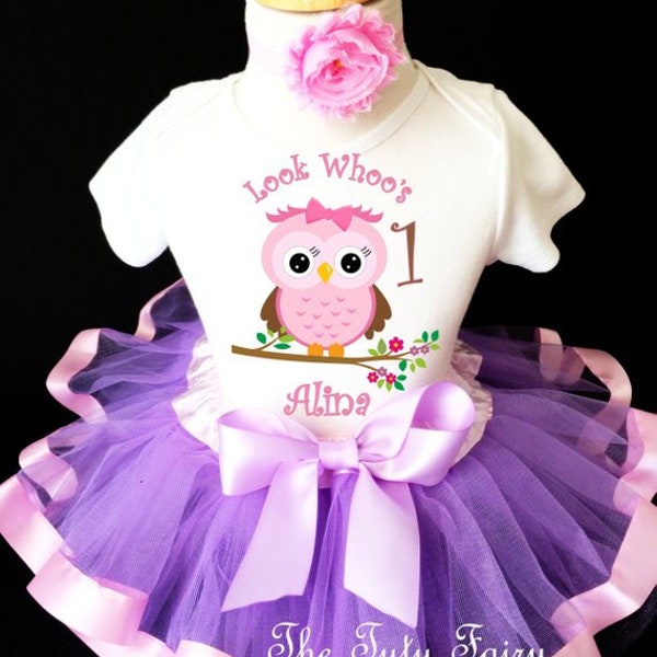 Owl Light Pink Purple Lavender Look Whoo's 1st - 7th Birthday Custom Age Name Baby Girl Birthday Tutu Outfit Sequins Headband Shirt