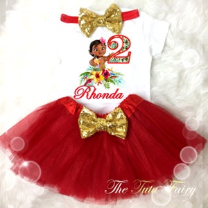 Baby Moana Princess Red Gold 2nd Second  Birthday Custom Age Name Baby Girl Birthday Tutu Outfit Sequins Headband Shirt Tee Party Dress Up