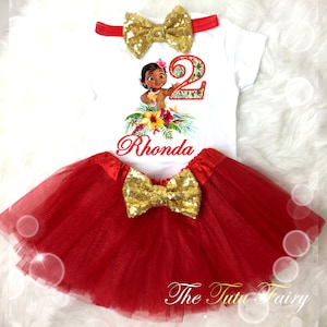 Baby Moana Princess Red Gold 2nd Second  Birthday Custom Age Name Baby Girl Birthday Tutu Outfit Sequins Headband Shirt Tee Party Dress Up