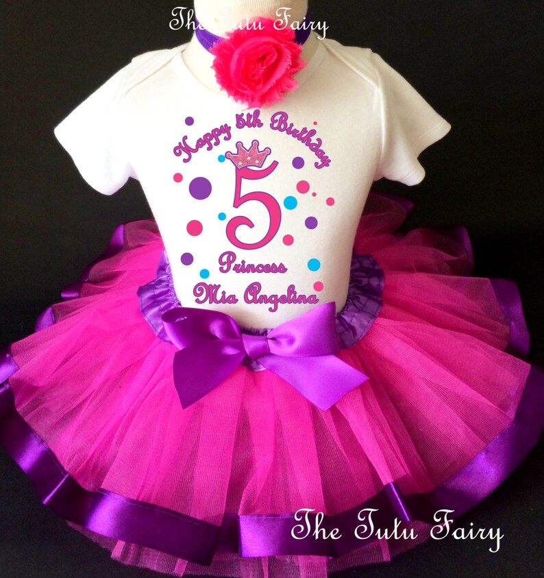 Princess Crown Pink Blue Purple Polka dots dotted 5th Fifth Girl Birthday Tutu Outfit Custom Personalized Name Age Party Shirt Set