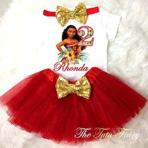 Moana Hawaiian Princess Red Gold 2nd Second  Birthday Custom Age Name Baby Girl Birthday Tutu Outfit Sequins Headband Shirt Tee