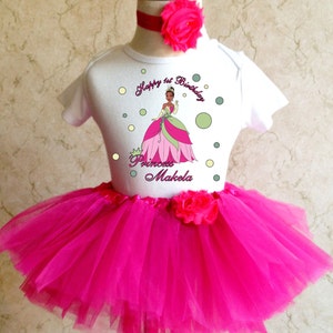 Pink Green Tiana Princess and the frog first 1st 2nd 3rd 4th 5th 6th 7th Birthday Personalized Custom Name Age Shirt & Tutu Set Girl Outfit