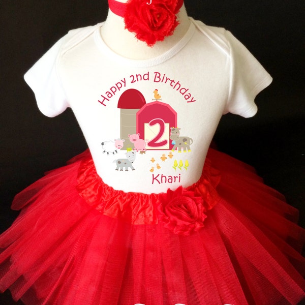 Red Farm Barn BarnYard Yard Animals Cow Sheep Chicken 2nd Second Girl Birthday Tutu Outfit Custom Personalized Name Age Party Shirt Set