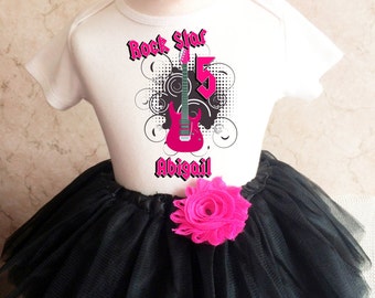 Rock N Roll Guitar Star Hot Pink Black 5th Fifth Girl Birthday Tutu Outfit Custom Personalized Name Age Party Shirt Set