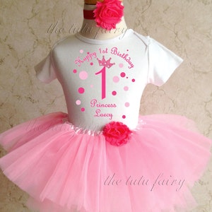 Princess Polka Dots Crown 1st 2nd Birthday Personalized Custom Name Age Shirt Pink Tutu Set outfit girl 9 12 18 24 months Baby headband