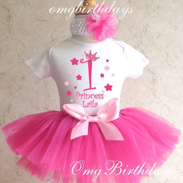 Pink Stars Princess Crown Birthday Girl Party Tutu Outfit Dress Set Personalized Custom Name Age Shirt 1st 2nd 3rd 4th 5th 6th 7th