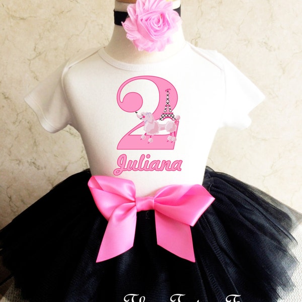 Poodle Black Pink French Paris Puppy dog 2nd Second Girl Birthday Tutu Outfit Custom Personalized Name Age Party Shirt Set