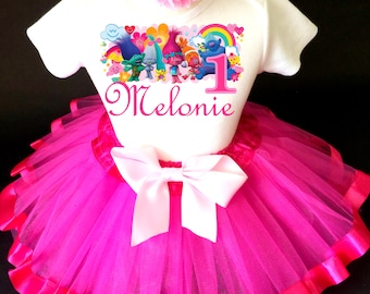 Trolls Poppy Pink Rainbow 1st First Birthday Custom Age Name Baby Girl Birthday Tutu Outfit Sequins Headband Shirt Tee Party Dress Up