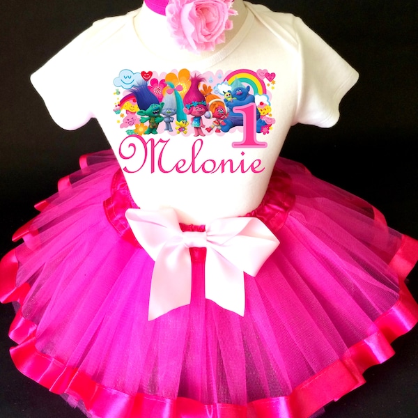Trolls Poppy Pink Rainbow 1st First Birthday Custom Age Name Baby Girl Birthday Tutu Outfit Sequins Headband Shirt Tee Party Dress Up
