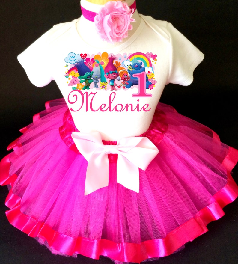 Trolls Poppy Pink Rainbow 1st First Birthday Custom Age Name Baby Girl Birthday Tutu Outfit Sequins Headband Shirt Tee Party Dress Up image 1