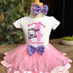 Pretty Kitty Pink Blue 4th Birthday Tutu Outfit Fourth Personalized with Name Birthday Shirt Tee Headband Dress Set